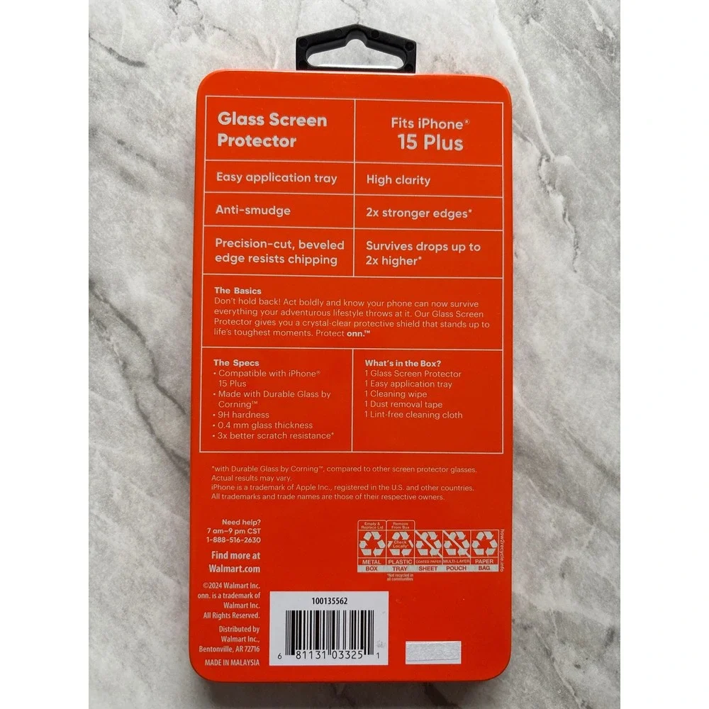 Protect‎ Onn glass screen protector iphone 15 plus clear easy application w/tray